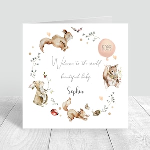 Elegante pasgeboren babykaart Gepersonaliseerde babykaart Gefeliciteerd bosdierenkaart Welkom in de wereld eekhoorns nieuwe ouders 805