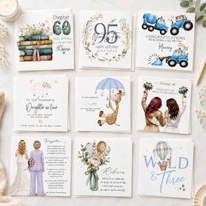 May include: A collection of nine square greeting cards featuring various illustrations including stacked books, floral wreaths, construction vehicles, a giraffe with an umbrella, two people, a wedding scene, kitchen utensils, and a hot air balloon.