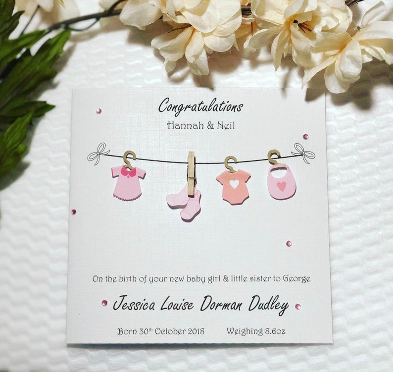 Gorgeous Washing Line Personalised New Born Baby girl Handmade card image 2