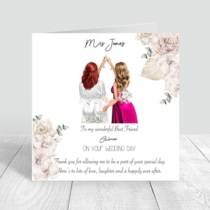 Carte faite main personnalisée le jour de votre mariage, carte de mariage, félicitations, carte de voeux, bohème, robe de mariée meilleure amie, soeur 1220