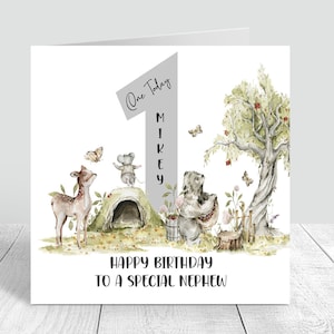 Personnalisé garçons 1er carte d’anniversaire Woodland fait à la main première carte d’anniversaire frère fils petit-fils neveu bébés 1er carte d’anniversaire cadeau bébé 225