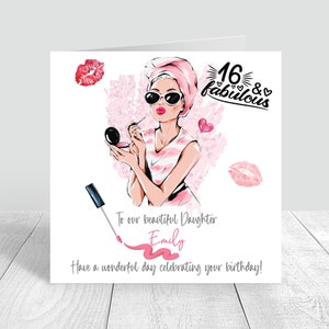 Carte d'anniversaire personnalisée 16e fille, carte de cosmétiques, carte d'anniversaire pour elle, sweet 16, fille, petite-fille, soeur, maquillage 1072