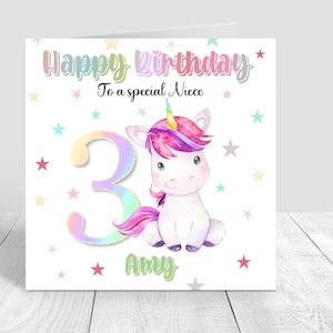 Personalisierte Mädchen 3rd Birthday Karte Einhorn Regenbogen Geburtstagskarte Enkelin Tochter Nichte Schwester Happy 3rd Birthday Karte für Mädchen 338