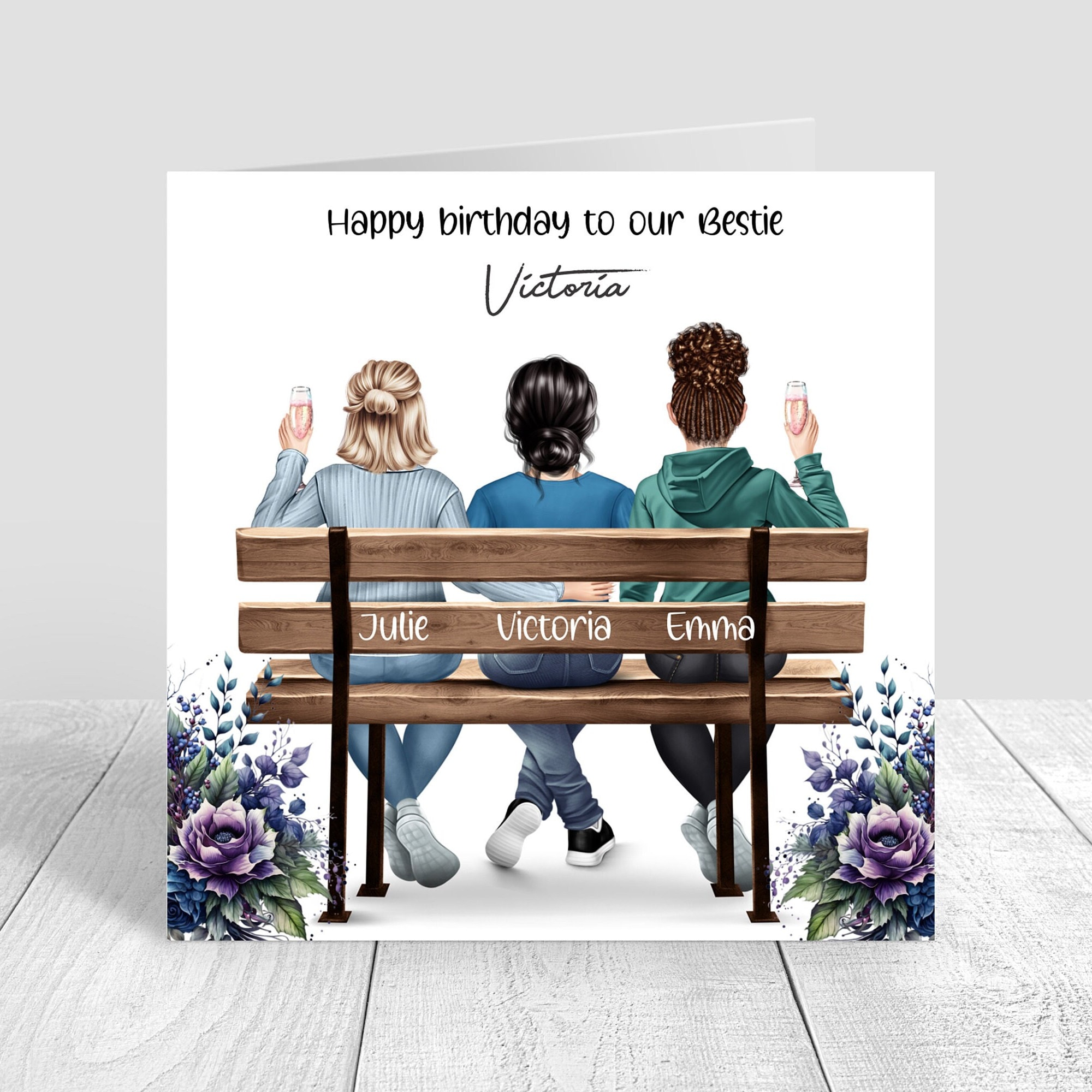 Besties/sisters /friends Happy Birthday Handmade Card Three Ladies