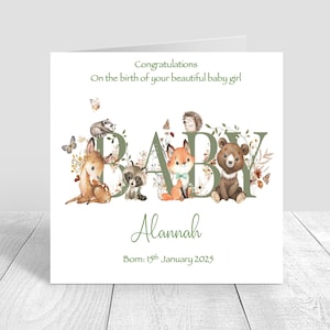 Carte personnalisée de bébé nouveau-né, carte de bébé des bois, carte de félicitations animaux de la forêt, bienvenue dans le monde, nouveaux parents 1472