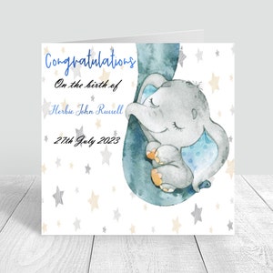 Carte de bébé nouveau-né pour garçons personnalisée, Félicitations Thème éléphant bébé garçon, Étoiles, Nouveau bébé, Carte d’arrivée de bébé, Carte de bébé personnalisée
