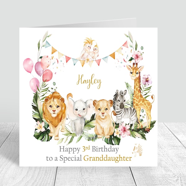 Personalised 1st 2nd 3rd 4th Birthday Card Wild Animals Girls Birthday Card Greeting Card Happy Birthday Daughter Granddaughter Niece 321