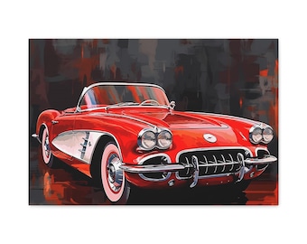 Canvas Print, Vintage Car Wall Art, 1960 Red Corvette Matte Canvas AI Art, Home Decor, Gift for Car Enthusiasts, Car Lover Wall Decor,