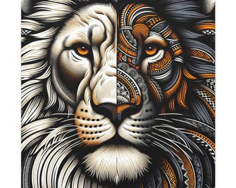 Canvas Gallery Wraps, Lion with Orange, Black, and White Design Africa, Jungle King Wall Art Poster Print, Home Decor Gift, Safari Animal