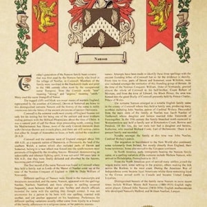 May include: A vintage-style heraldic coat of arms with a brown shield featuring a white chevron and a white feather. The shield is surrounded by a red and gold banner with a lion. The text "The Ancient Arms of Nanson" is at the top of the image. The text "Nanson" is below the shield. The text "Variety Gifts and Services" is at the bottom of the image.