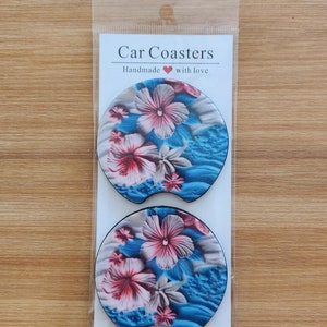 Set of 2 Car Coasters, Car Coasters, Car Accessories, Cup Holder Coasters, Neoprene, Pink Flowers, Hawaiian Flowers