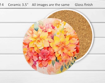 May include: Set of four 3.5 inch ceramic coasters with a watercolor design of orange, yellow, and pink flowers. The coasters have a gloss finish.