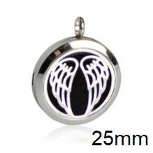 May include: Silver stainless steel aromatherapy diffuser necklace with a black background and white angel wings design. The pendant is 25mm in diameter.