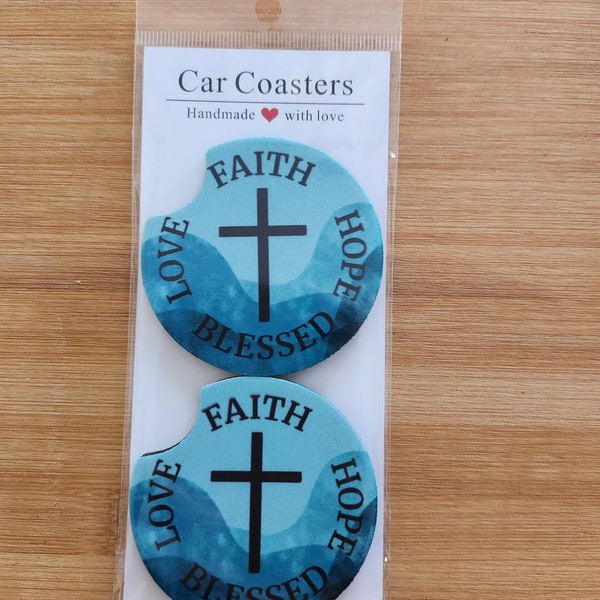 Set of 2 Car Coasters, Car Coasters, Car Accessories, Cup Holder Coasters, Neoprene, Religious, Blessed, Faith, Hope, Love