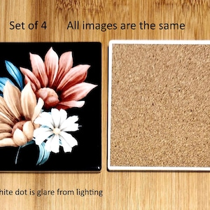 Set of 4 Ceramic Coasters, Square Coaster Set, Spring Flowers, Brown Background, Drink Coasters, Sublimated Coasters, Cork Backing