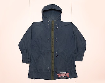 Vtg 90's ADIDAS Training hooded dark blue cotton parka jacket coat, with center logo tape and unique toggle + zipper closure, sz men's Large