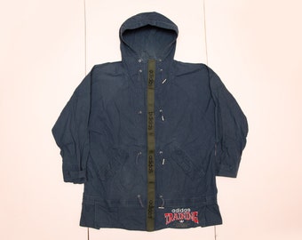 Vtg 90's ADIDAS Training hooded dark blue cotton parka jacket coat, with center logo tape and unique toggle + zipper closure, sz men's Large