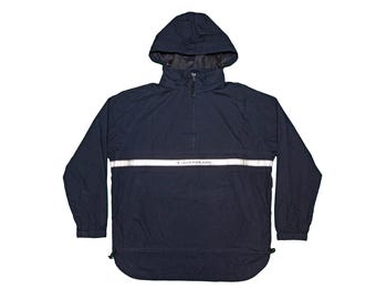 Giacca a vento con cappuccio blu scuro vintage CALVIN KLEIN anni '90, prodotta a Hong Kong, taglia XL da uomo