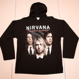 Vtg NIRVANA Buddhist Beatidude diseño de doble cara sudadera con capucha jersey negro pullover, kurt cobain carta, New Line 2000, sz hombre grande