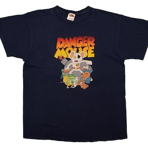 Vtg DANGER MOUSE British secret agent cartoon animation comics Y2K dark blue t-shirt, sz men's Large