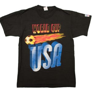 Vtg & rare World Cup USA 94 soccer/football single stitch black t-shirt on 1. FC Giant tag, sz fit men's Large/Medium