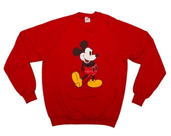 Vtg MICKEY Mouse Walt Disney Productions 80's red pullover sweatshirt, made in USA, sz fit men's Large/Medium