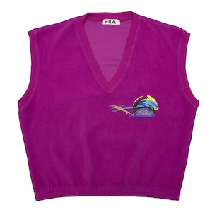 Vtg & rare FILA tennis theme 80&#39;s purple Polartek fleece sleeveless pullover sweater vest, made in Italy, sz fit men&#39;s X-Large
