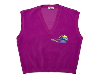 Vtg & rare FILA tennis theme 80's purple Polartek fleece sleeveless pullover sweater vest, made in Italy, sz fit men's X-Large