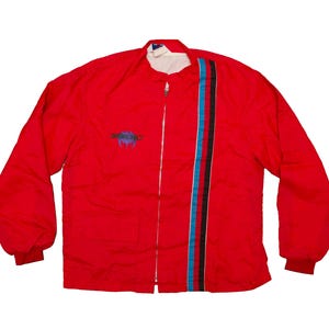 Vtg & very rare ZORLAC Skateboards 70&#39;s red racing style jacket by Great Lakes Sportswear, made in USA, sz men&#39;s Medium
