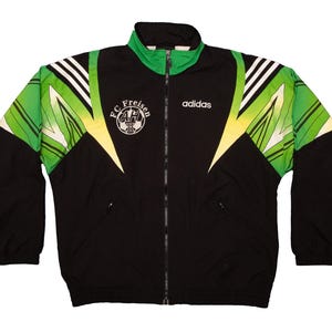 Vtg 90&#39;s ADIDAS FC Freisen Ah II soccer/football black-green track jacket, made in Taiwan, sz men&#39;s Medium/Large