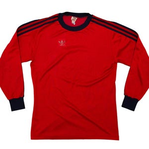 Vtg ADIDAS 80&#39;s long sleeves #4 three stripes sidetape football/soccer red kit jersey, made in West Germany, sz fit men&#39;s Medium/Small