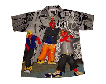 Vtg & very rare RIVALDI Okinawa Style Japanese all-over-print multicolor hip hop rap graphics short sleeves button shirt, sz men's Medium