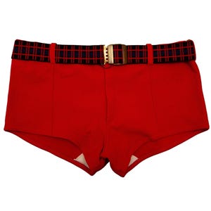 May include: Red shorts with a black and navy plaid belt and a gold-colored buckle. The shorts have a high waist and a tailored fit. The shorts are made of a smooth, solid red fabric.