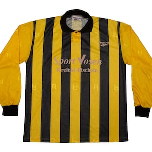Vtg REEBOK #7 TuS Gellep football/soccer yellow-black striped kit jersey, made in Hungary, sz men&#39;s X-Large