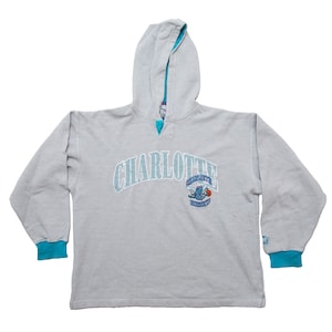 Vtg & rare STARTER Charlotte Hornets NBA basketball hooded grey pullover sweatshirt, sz men&#39;s Medium