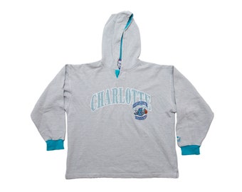 Vintage & sällsynt STARTER Charlotte Hornets NBA baskettröja med huva, grå tröja, herrstorlek Medium
