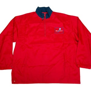 Vtg & rare 90s BUDWEISER soccer football patch pullover red windbreaker jacket, "One World, One Game, One Beer", sz men's X-Large