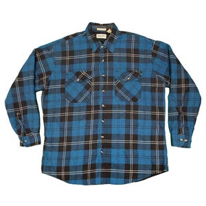 May include: A blue, black, and white plaid button-down shirt. The long-sleeved shirt has two chest pockets and a collared neckline. The shirt is made of a soft, comfortable material.