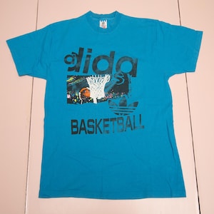 Vtg & very rare 90&#39;s ADIDAS Basketball single stitch double sided blue t-shirt, made in USA, sz men&#39;s Medium