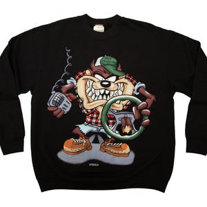 Vtg & rare TAZ&#39;s Trucking Co Warner Bros 1996 Tazmanian Devil double sided black pullover sweatshirt, made in Ireland, sz men&#39;s Large