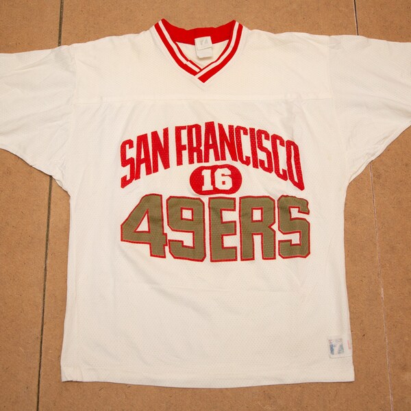 Vtg Logo 7 SAN FRANCISCO 49ers #16 Joe Montana NFL football fan beige-red jersey/shirt, sz men's Large
