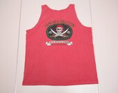 Vtg PIRATE 39 S DEN St. Lucia 2003 Sandals Halcyon double sided print pink tank top shirt, by Anvil Authentic Pigment, sz men 39 s Medium