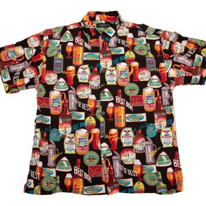 VTG CACTUS Black Label veelkleurig all-over print bierthema rayon overhemd met korte mouwen en knopen, heren, X-Large