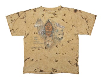 Vtg ALORE Spirit Brothers 1992 natives and wolves tie-dye single stitch brown t-shirt, Durango Colorado, made in USA, sz men's X-Large