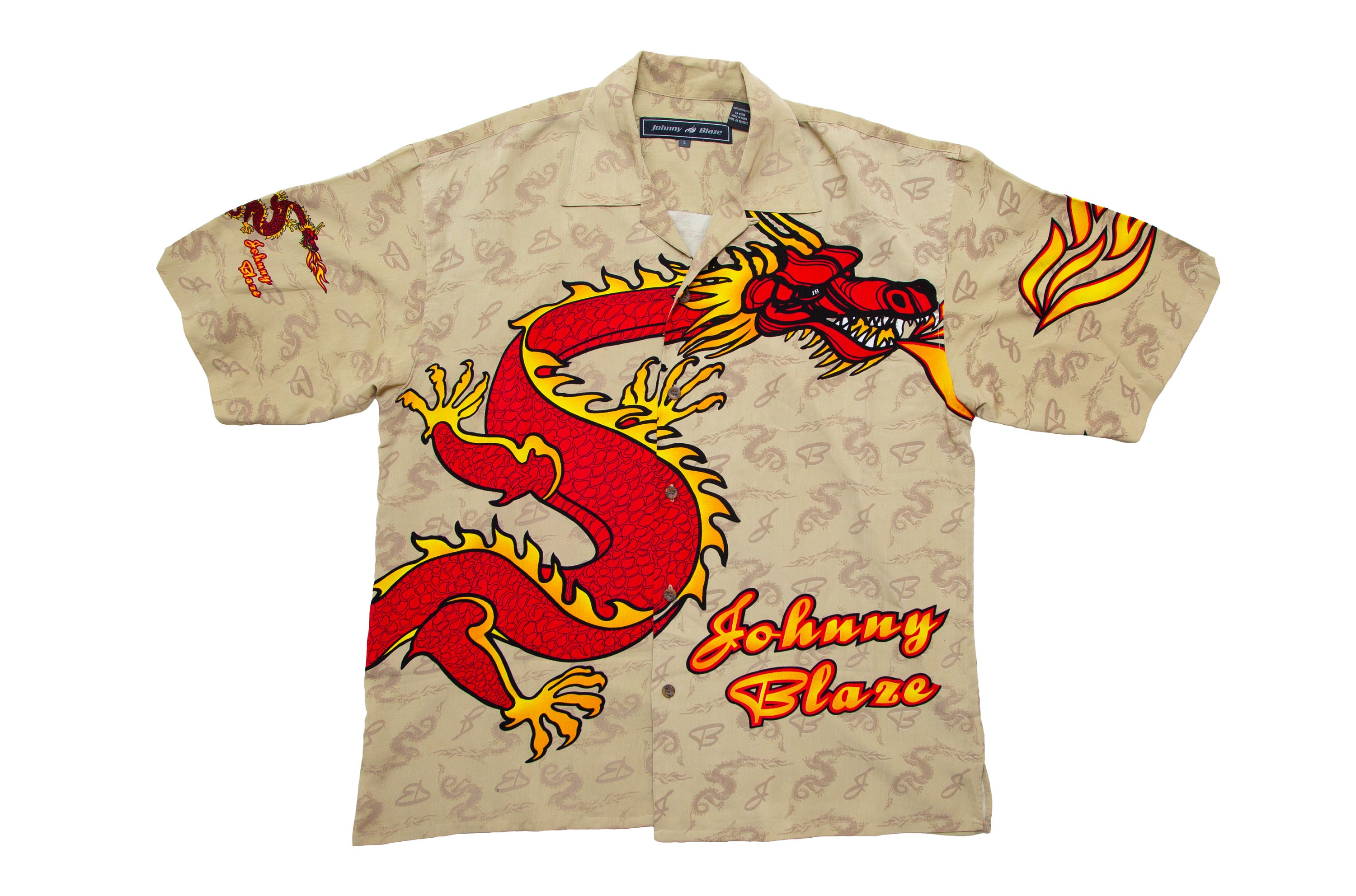 Vtg JOHNNY BLAZE Dragon Graphics Hawaiian Style Beige Button Shirt