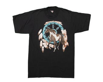 Vtg 80's Natives, Horses, Feathers and Dreamcatcher graphics single stitch black t-shirt, made in USA, sz fit men's Small