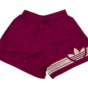 Vtg ADIDAS 80&#39;s big Trefoil logo purple cotton shorts with inline lining, made in France, sz fit men&#39;s Medium