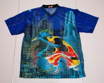 Vtg & very rare 90s SWORD multicolor all-over-print rap hip hop Japanese anime style mesh shirt jersey, best fit is men's sz Medium