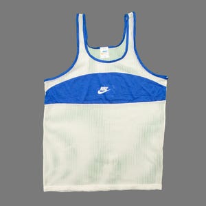 Vtg NIKE 80's Leichtathletik weiß-blaue Mesh Tank Top Trikot, hergestellt in Großbritannien, sz Passform Herren M / S