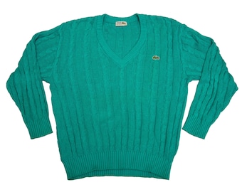 Vtg Chemise LACOSTE greenish-blue 80's cable-knit v-neck sweater jumper, made in Spain, sz fit men's Medium